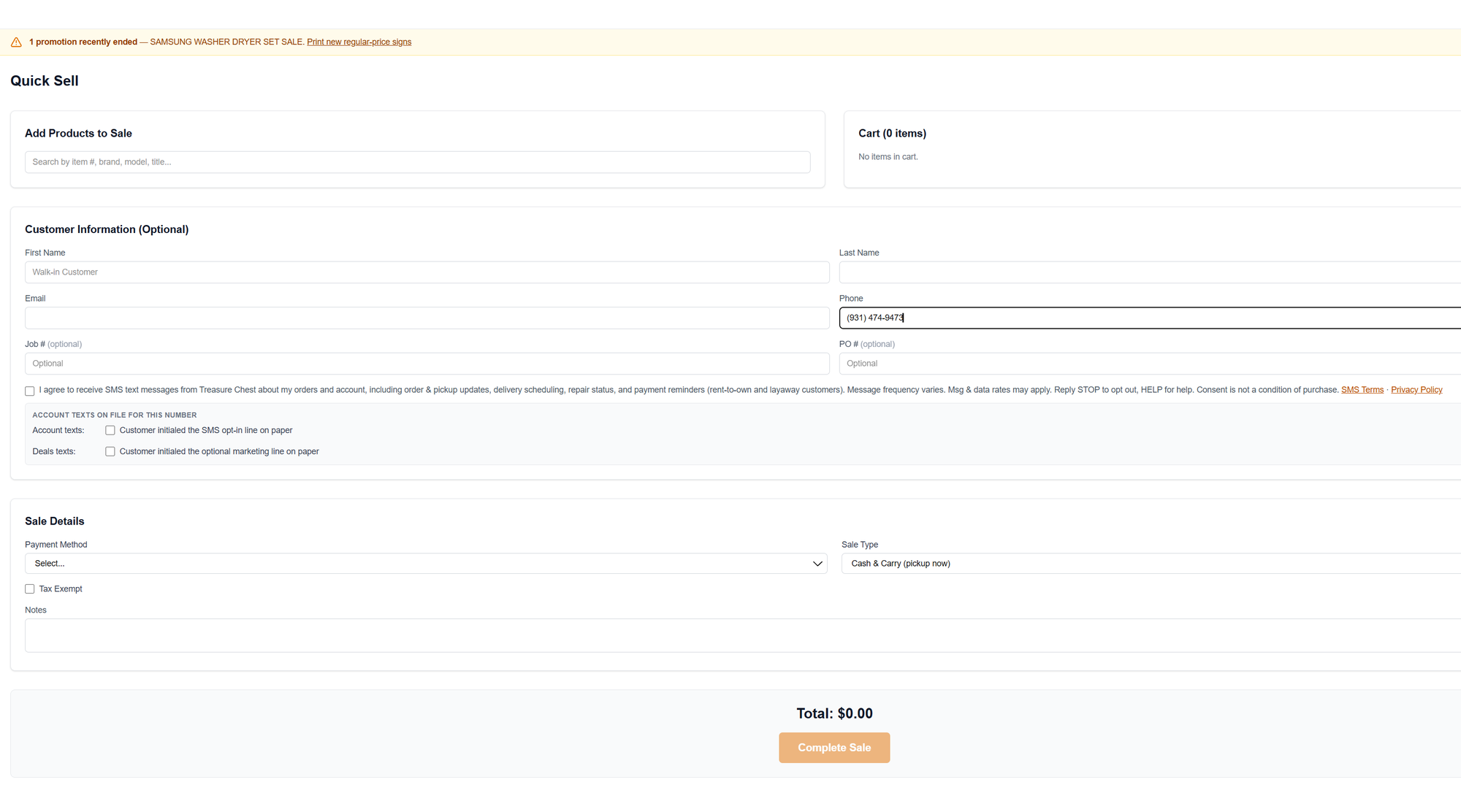 Treasure Chest Quick Sell register screen showing the transactional SMS consent checkbox, unchecked, with its full wording displayed beside it, and beneath it a panel headed 'Account texts on file for this number' with two further unchecked boxes recording that the customer initialed the printed opt-in and marketing lines on paper.