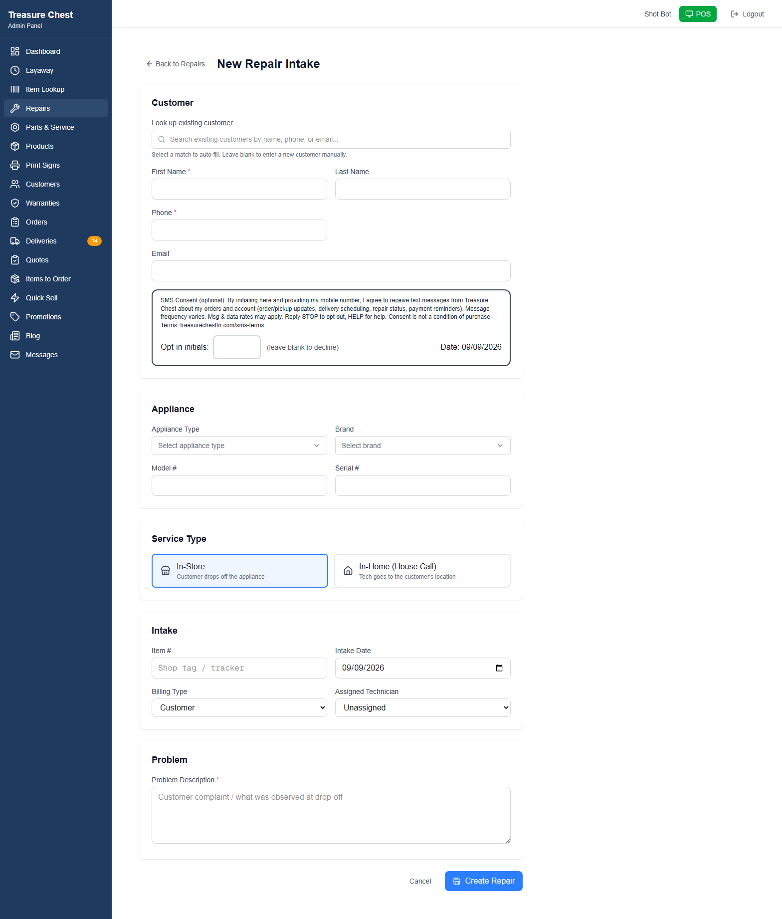Treasure Chest repair intake screen showing the printed SMS disclosure with an empty opt-in initials box, the words 'leave blank to decline', and today's date, beneath the customer contact fields.